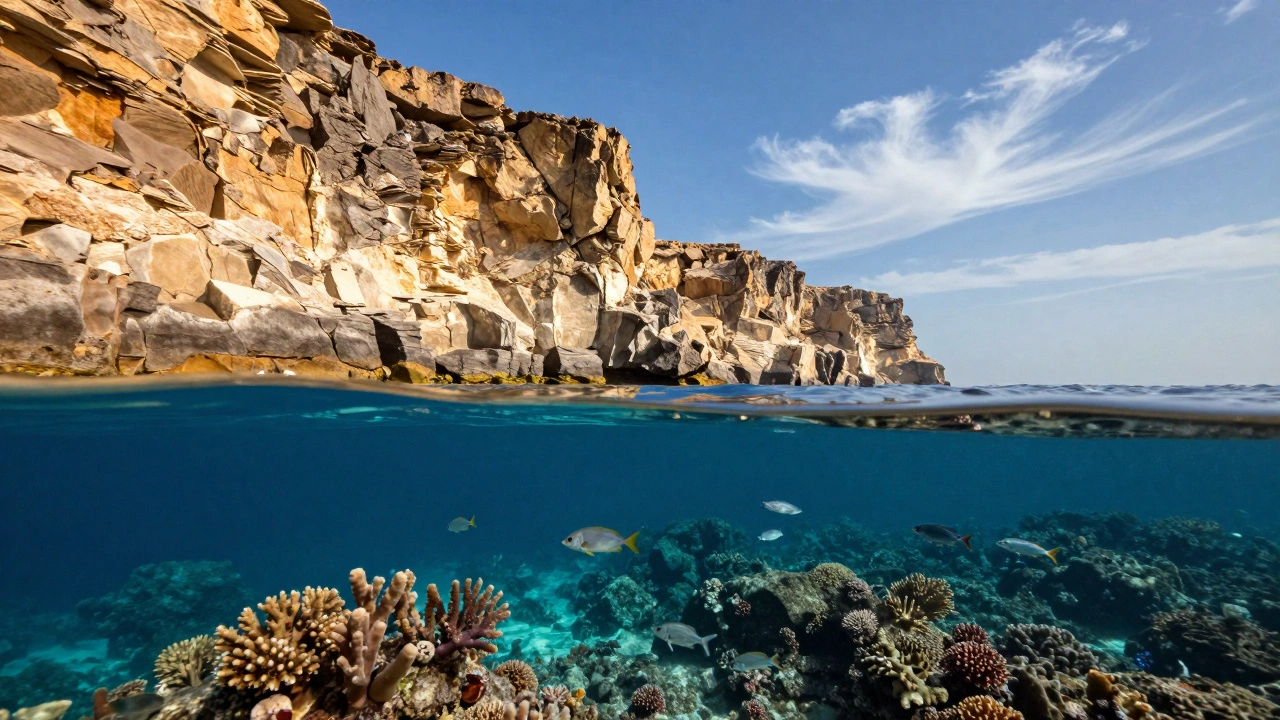 Vertical split-shot of UAE cliff above and coral reef below