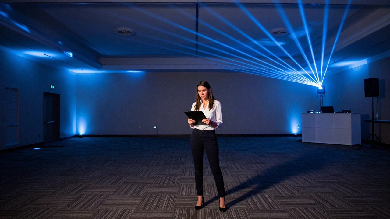 Wedding planner in an empty ballroom with harsh blue LED uplighting and lasers.