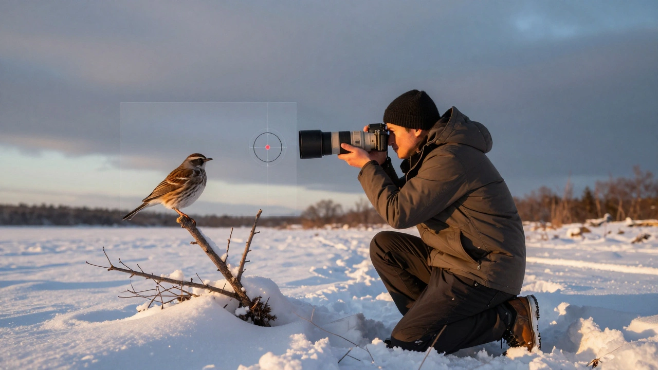 Wildlife photographer spot metering a bird in a snowy landscape.