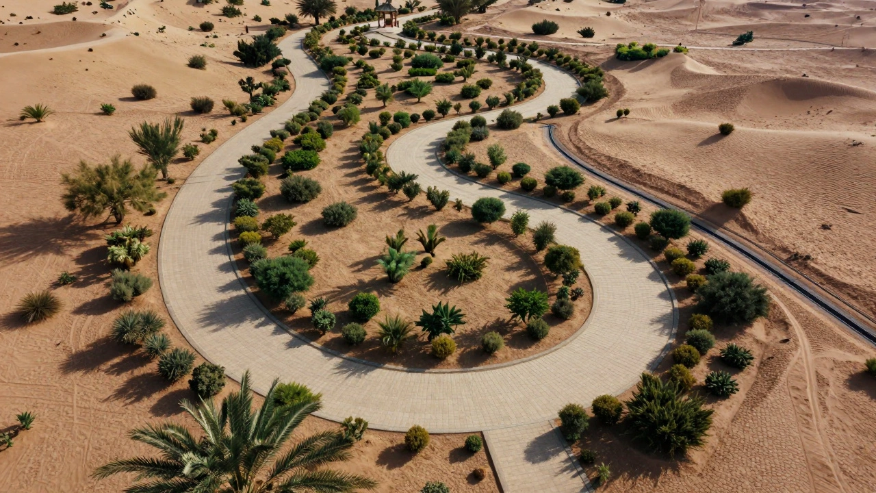 Winding S-curve path through a landscaped desert garden