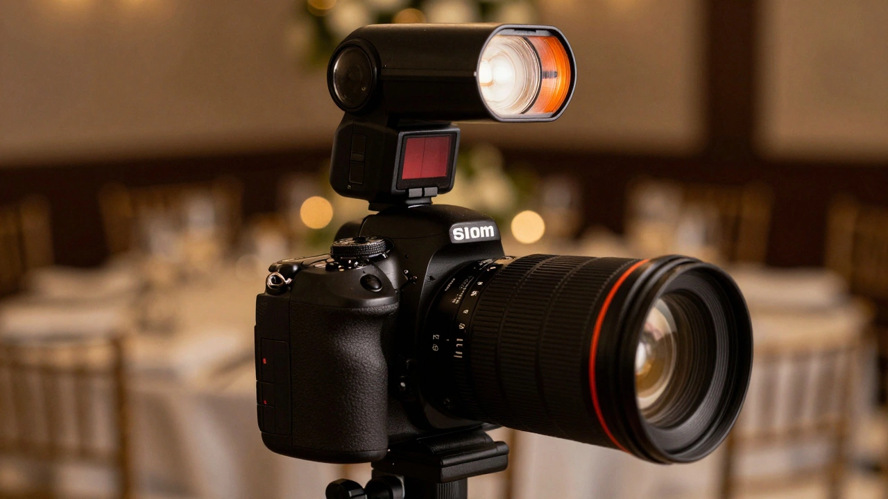 Camera gear with orange CTO gel for flash matching