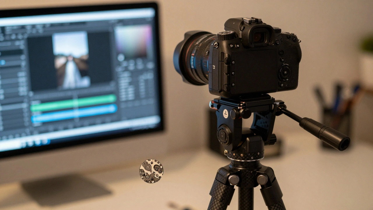Camera on tripod and computer monitor in studio setting