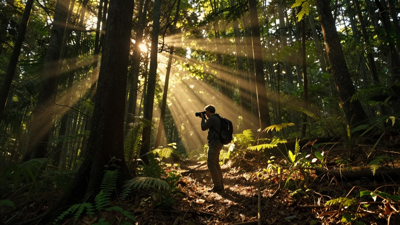 Photographer shooting in sun-dappled forest with changing light