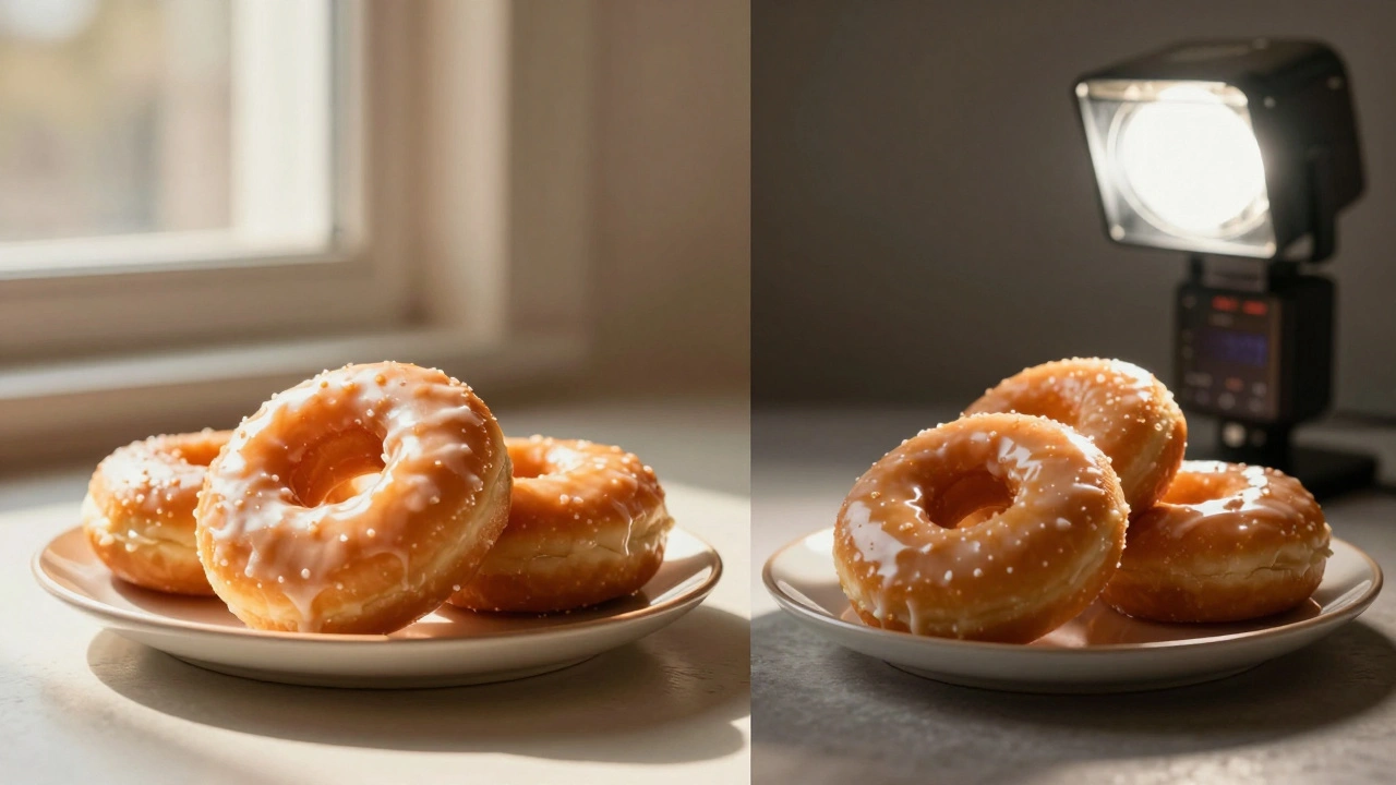Split image comparing natural sunlight vs flash on donuts