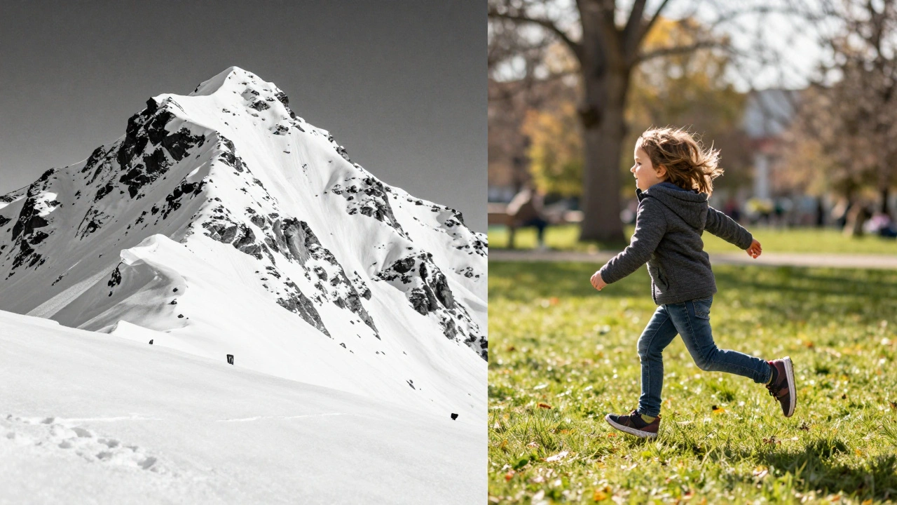 Split image contrasting snowy mountain and running child