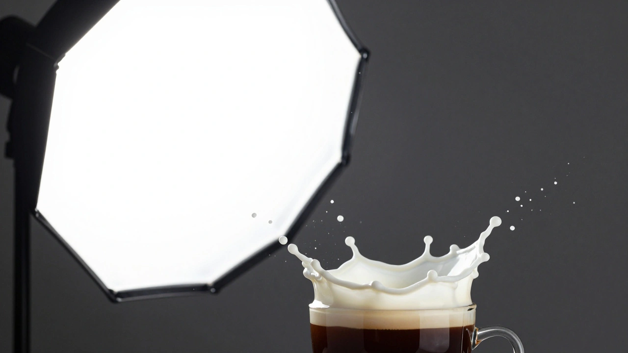 Strobe-lit coffee splash frozen in motion against dark background