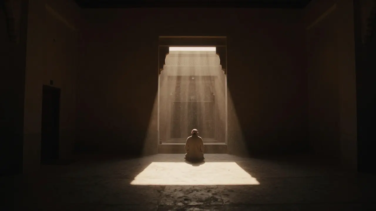 A beam of sunlight illuminating a subject in a dark, minimalist room