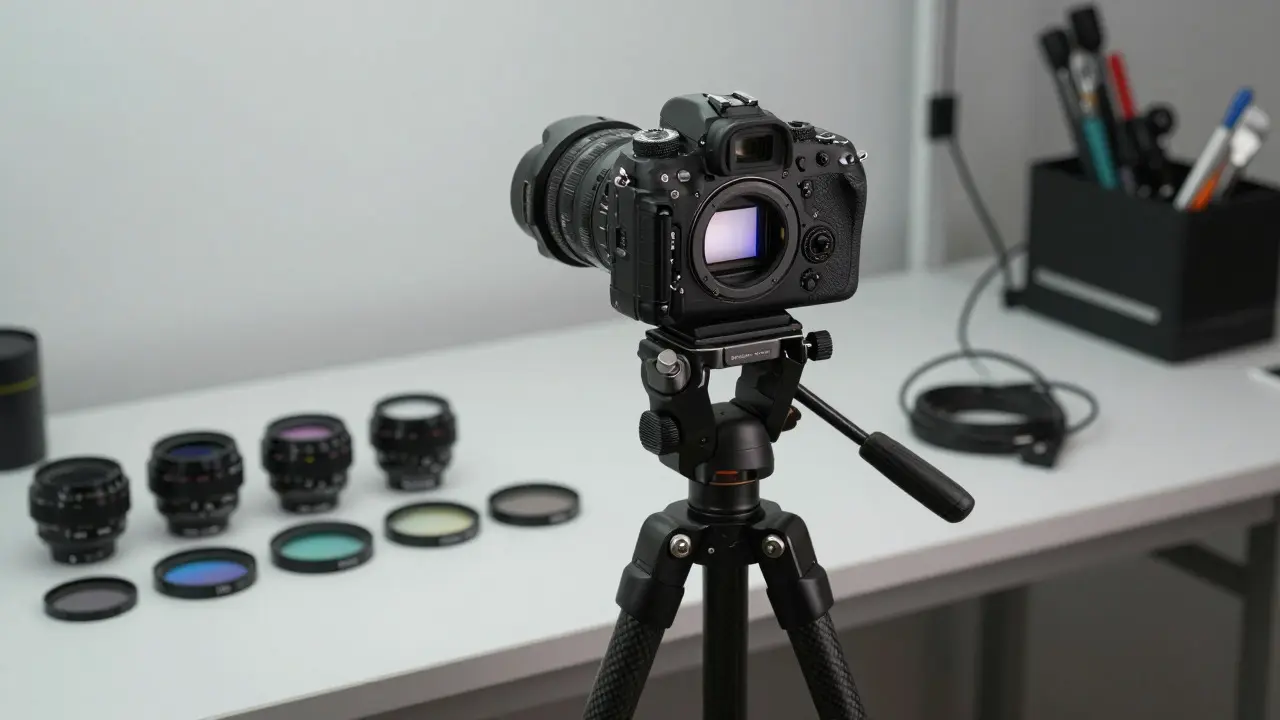 A camera on a tripod next to various infrared filters on a workbench, ready for technical setup