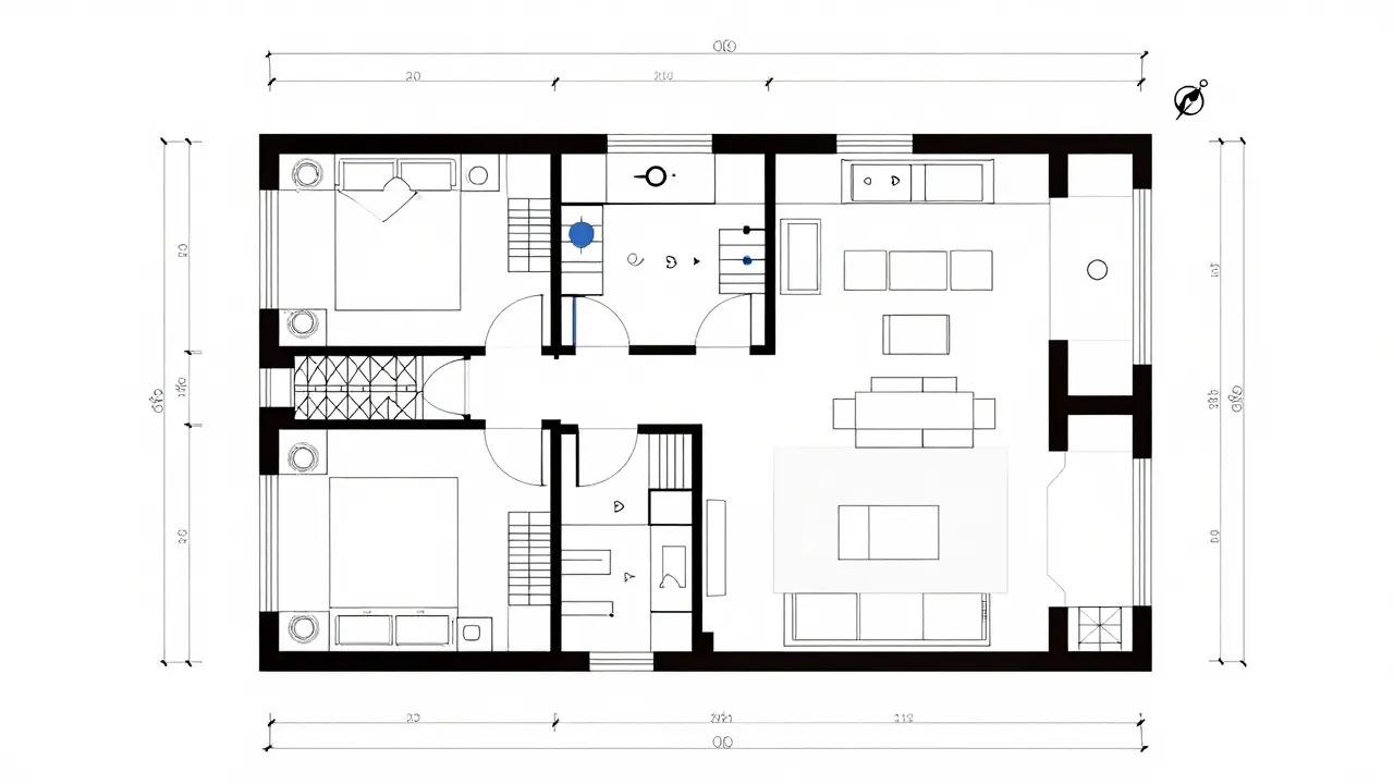 A detailed black and white architectural floor plan diagram