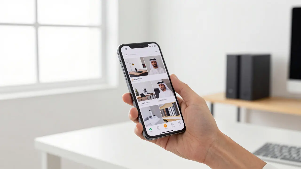 A hand holding a phone in a bright, minimalist office with a hard drive in the background