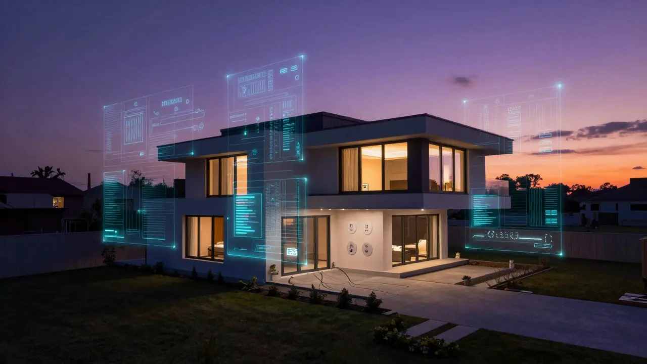 A modern house with glowing digital smart home data overlays