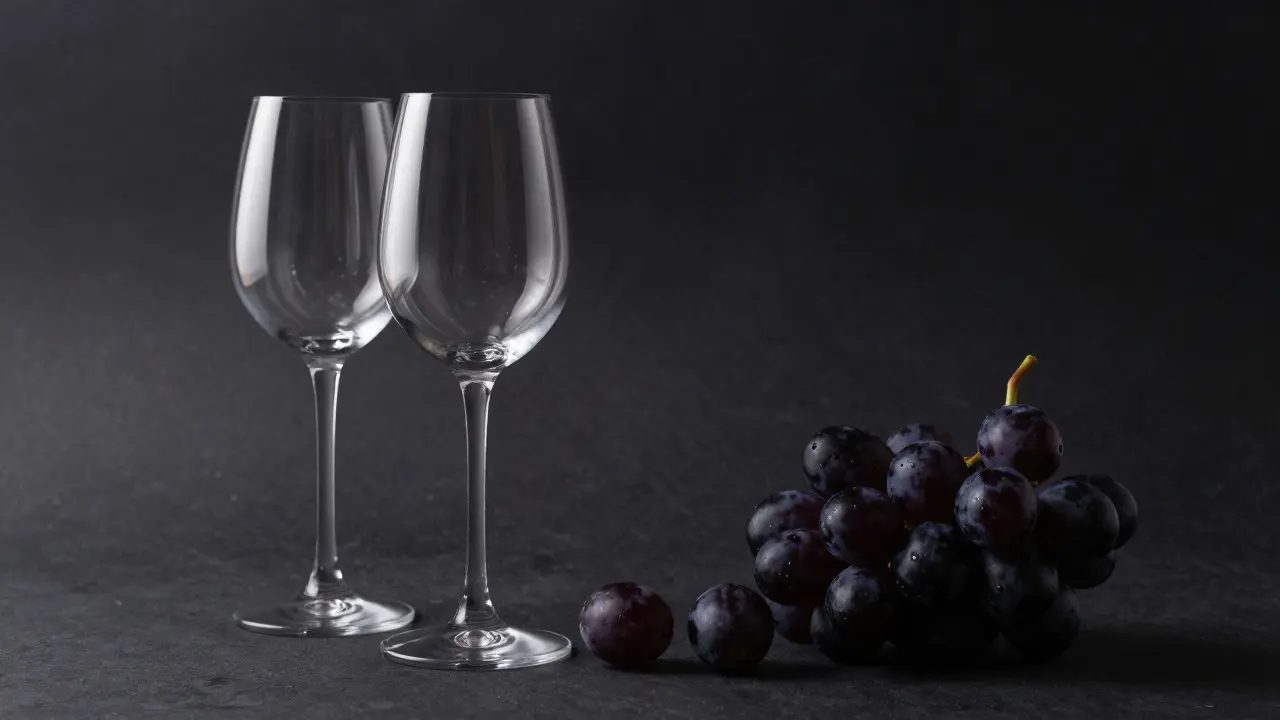 A pair of wine glasses and three grapes in a dramatic still life