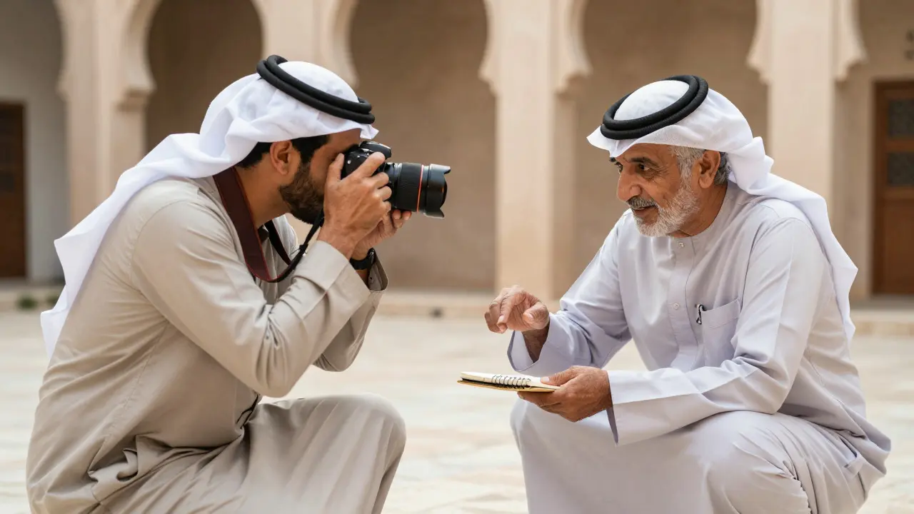 A photographer discussing respectfully with a local elder in a traditional courtyard