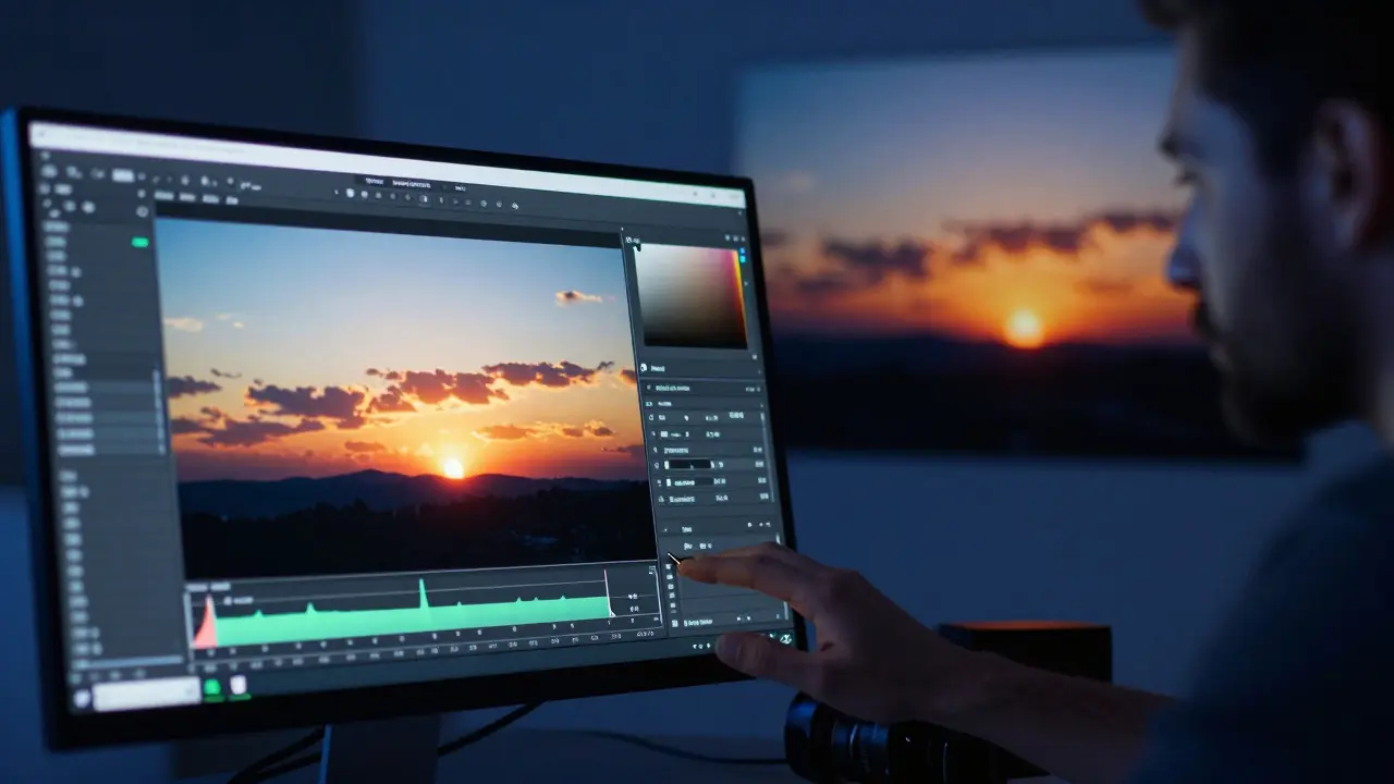 A photographer editing a sunset photo on a computer monitor in a dark room