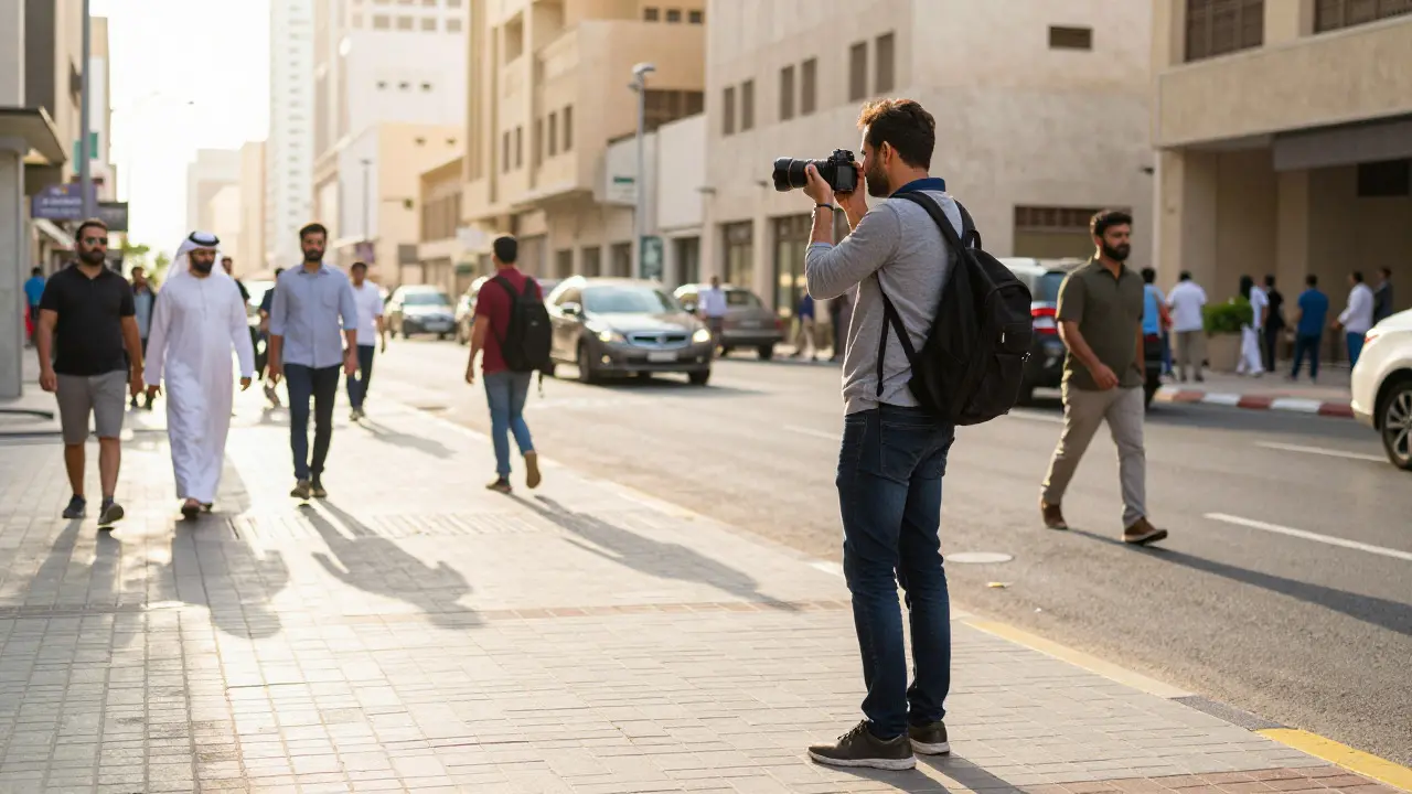 A photographer taking street shots in a sunlit urban area