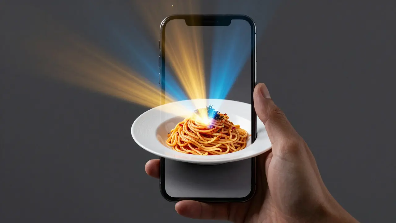 Abstract art of a phone editing food photos with light and color overlays