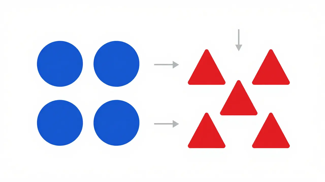 Abstract comparison of four static circles versus three dynamic triangles