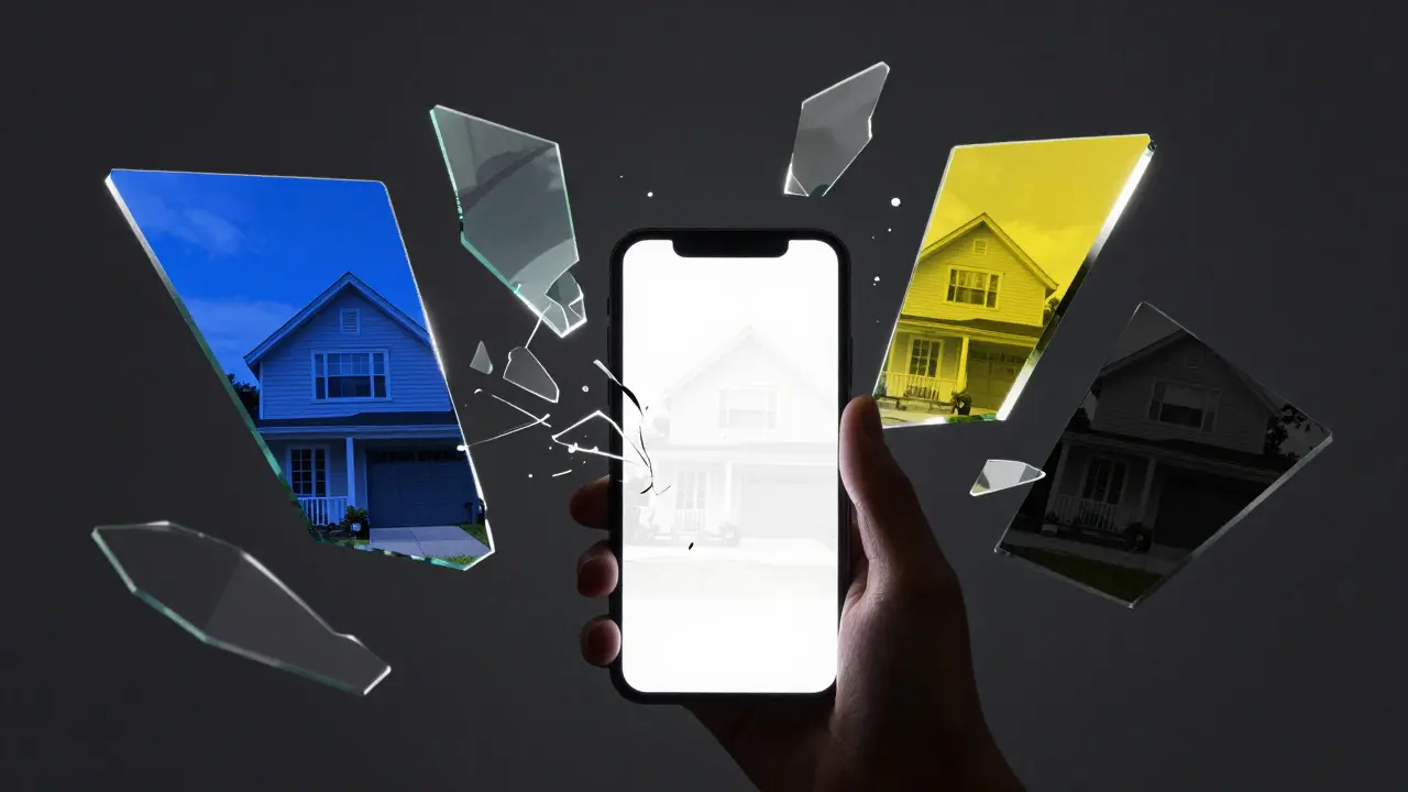 Abstract concept of broken phone screens showing inconsistent photo edits