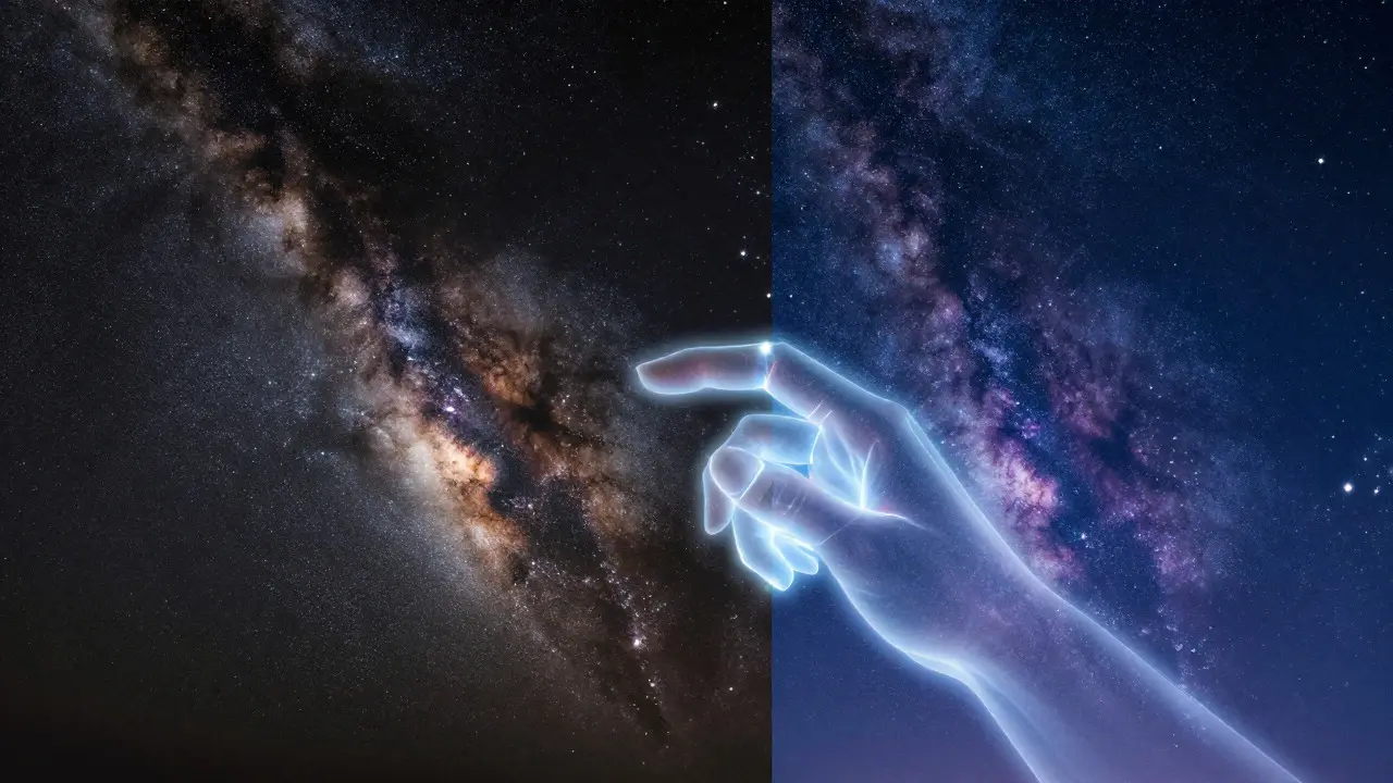 Abstract illustration comparing raw noisy astro data with enhanced, clear star images