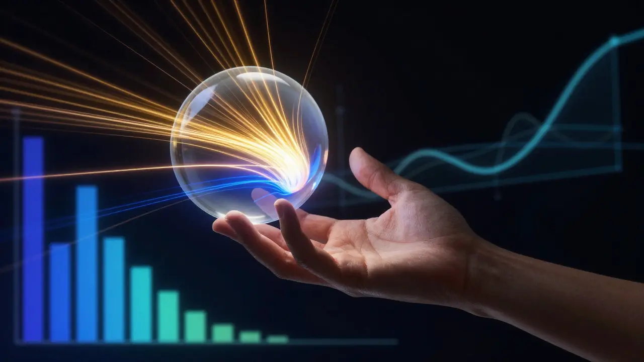 Abstract illustration of a hand adjusting light and color streams around a photo sphere