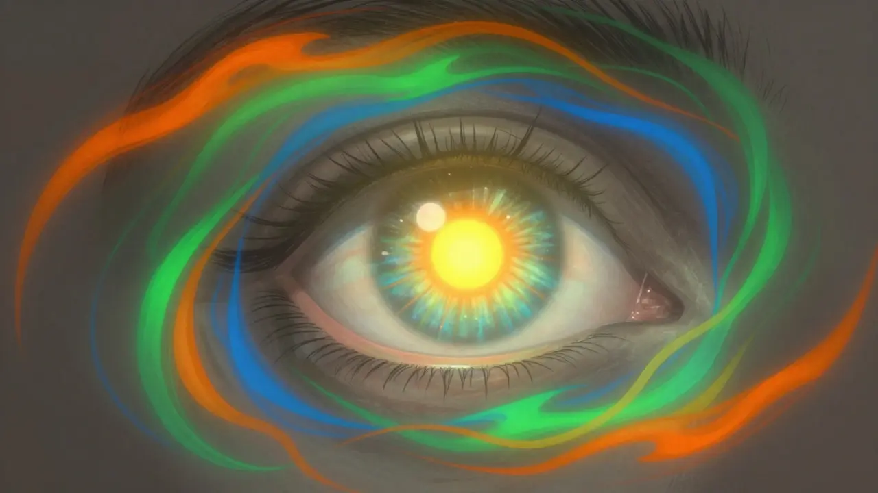 Abstract illustration of an eye focusing on a single point of light amidst colors