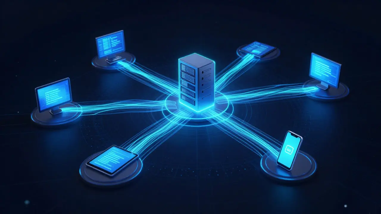 Abstract illustration of data syncing between a server and multiple devices