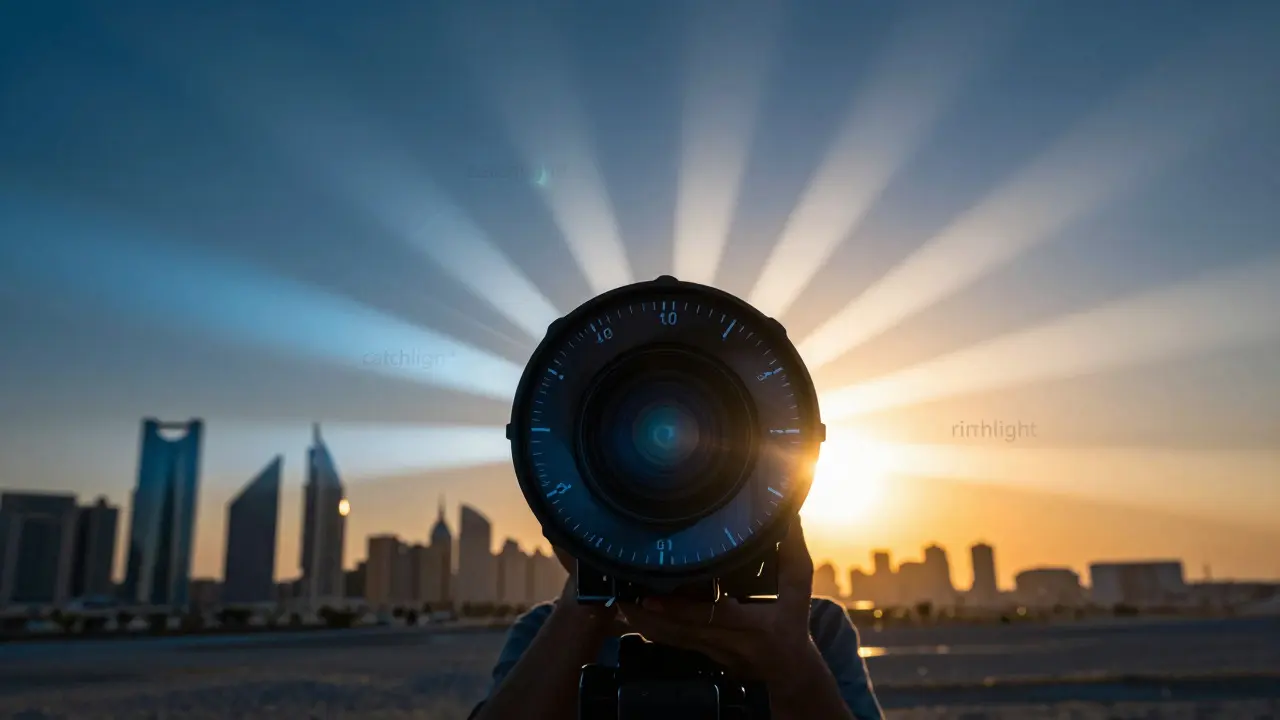 Abstract illustration of light rays, aperture, and silhouette at dusk
