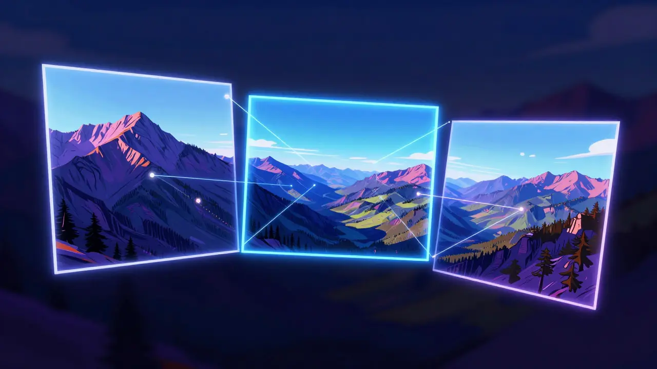 Abstract illustration of three image frames merging into a single panorama