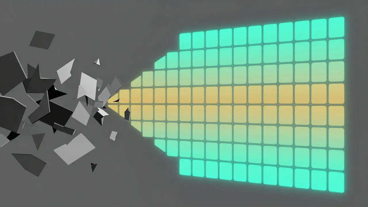 Abstract illustration showing messy shapes transforming into an organized grid of files
