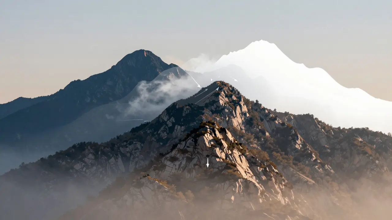 Abstract illustration showing three exposure layers merging into a balanced landscape image