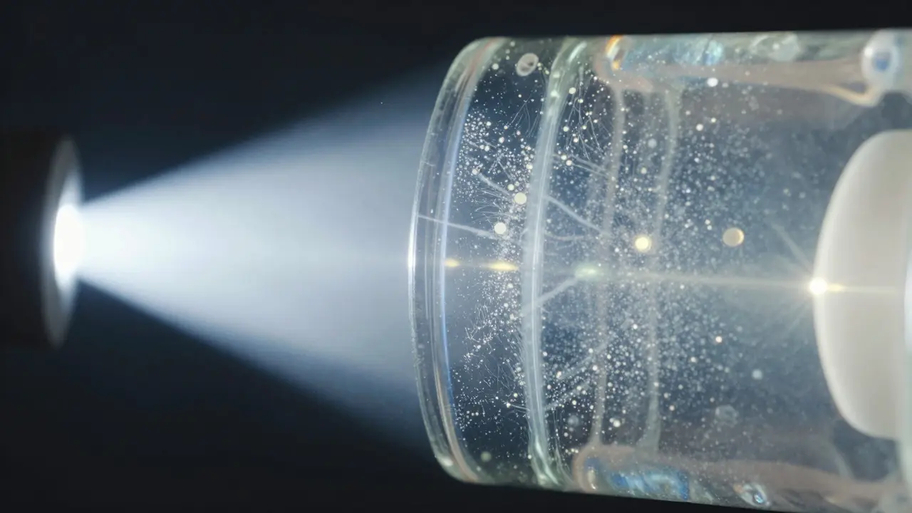 Abstract macro view of light scattering through microscopic particles in a filter
