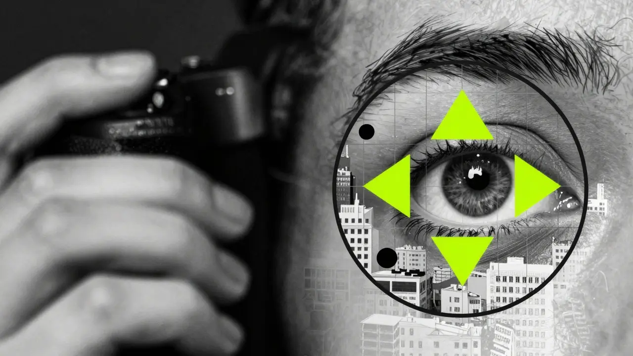 Abstract visualization of a camera lens focusing on geometric patterns in a city