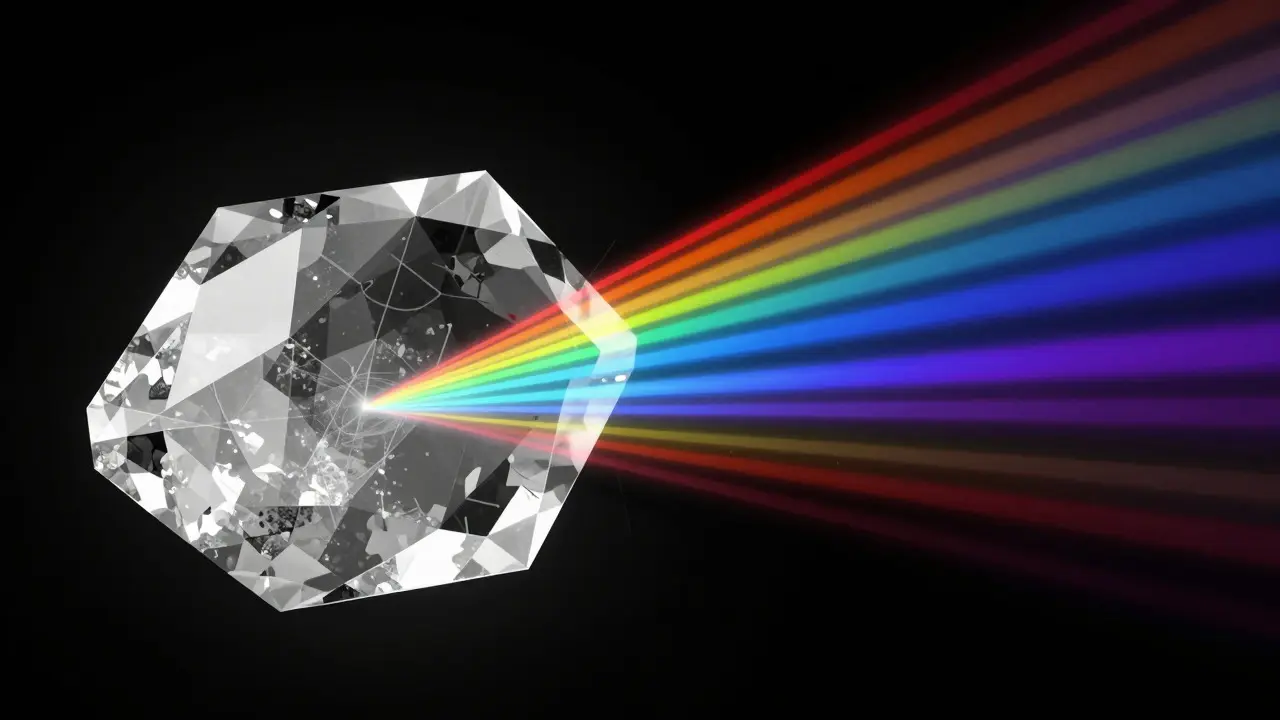 Abstract visualization of white light dispersing into colors inside a crystal