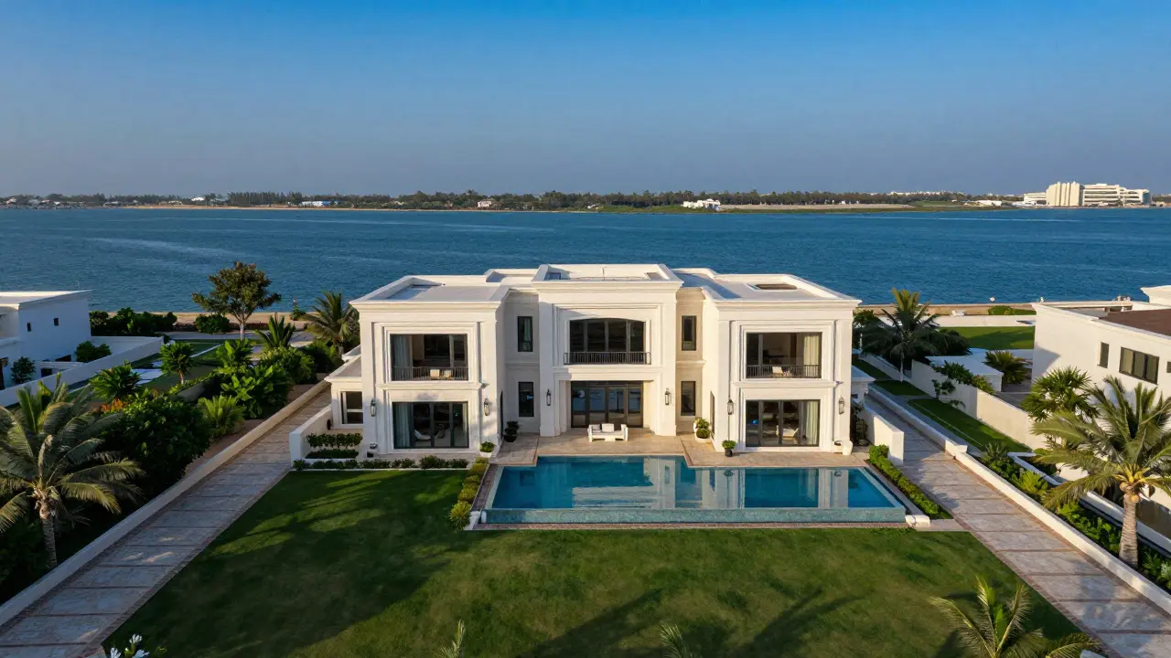 Aerial drone view of a waterfront luxury villa and pool