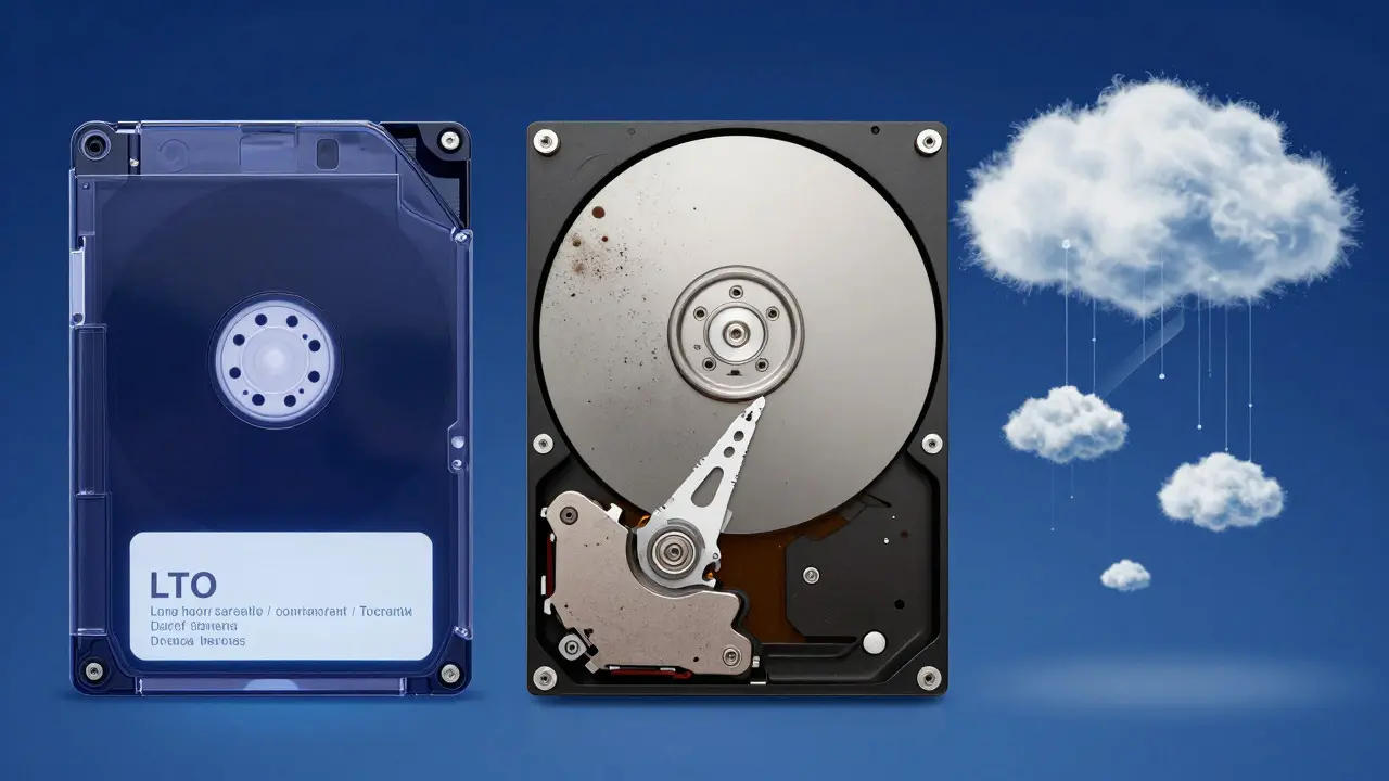 Artistic comparison of LTO tape, failing hard drive, and cloud storage