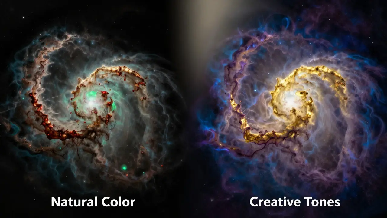 Artistic comparison of scientific accuracy versus creative color in nebulae