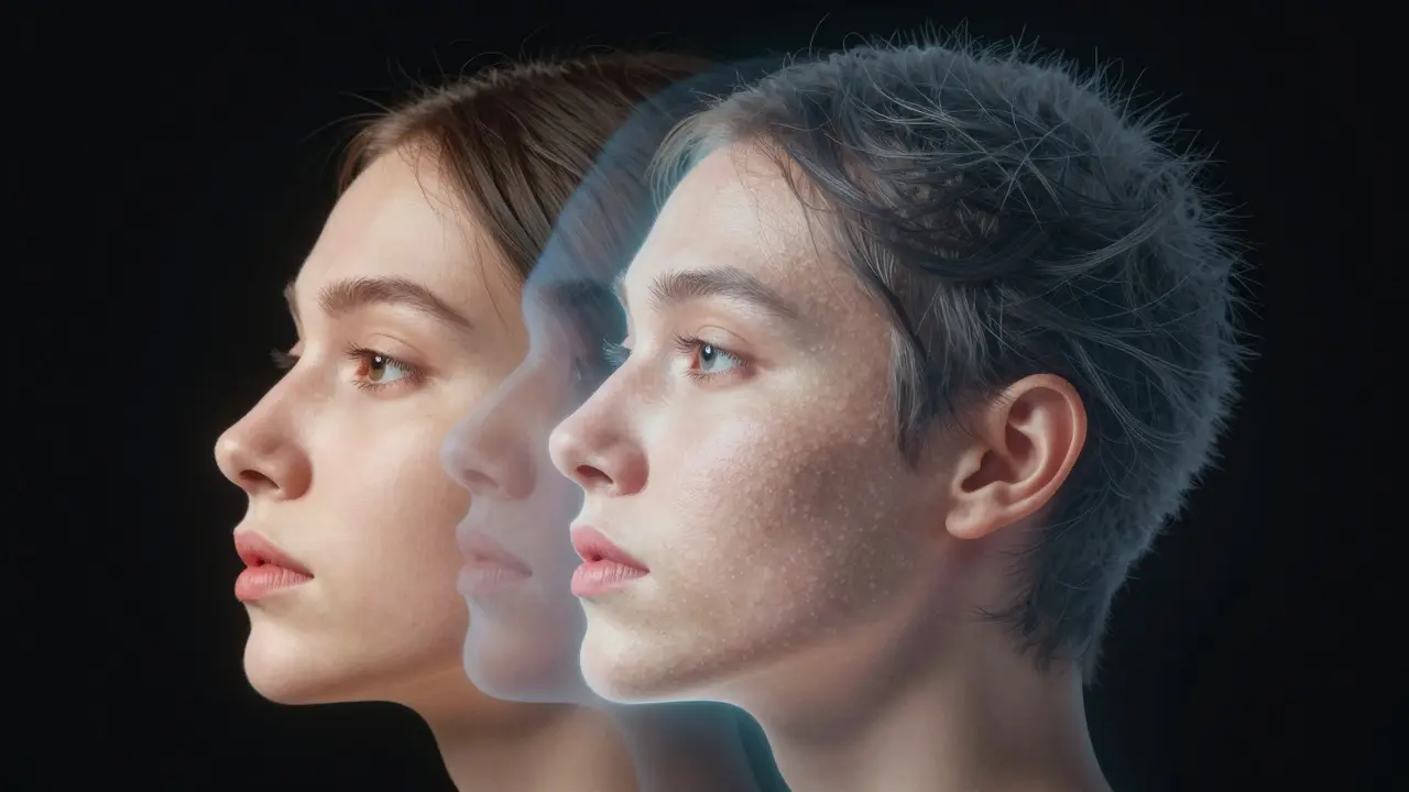 Artistic depiction of facial layers separating into tone and texture components