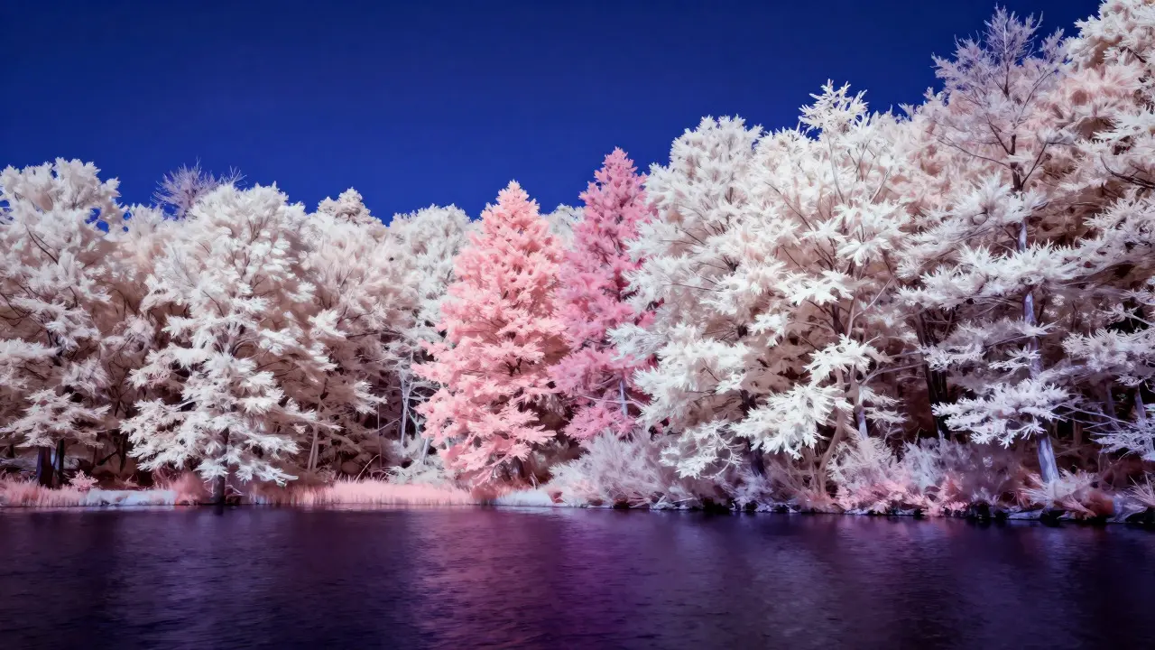 Artistic landscape with white and pink trees against a deep blue sky and black water, illustrating infrared effects