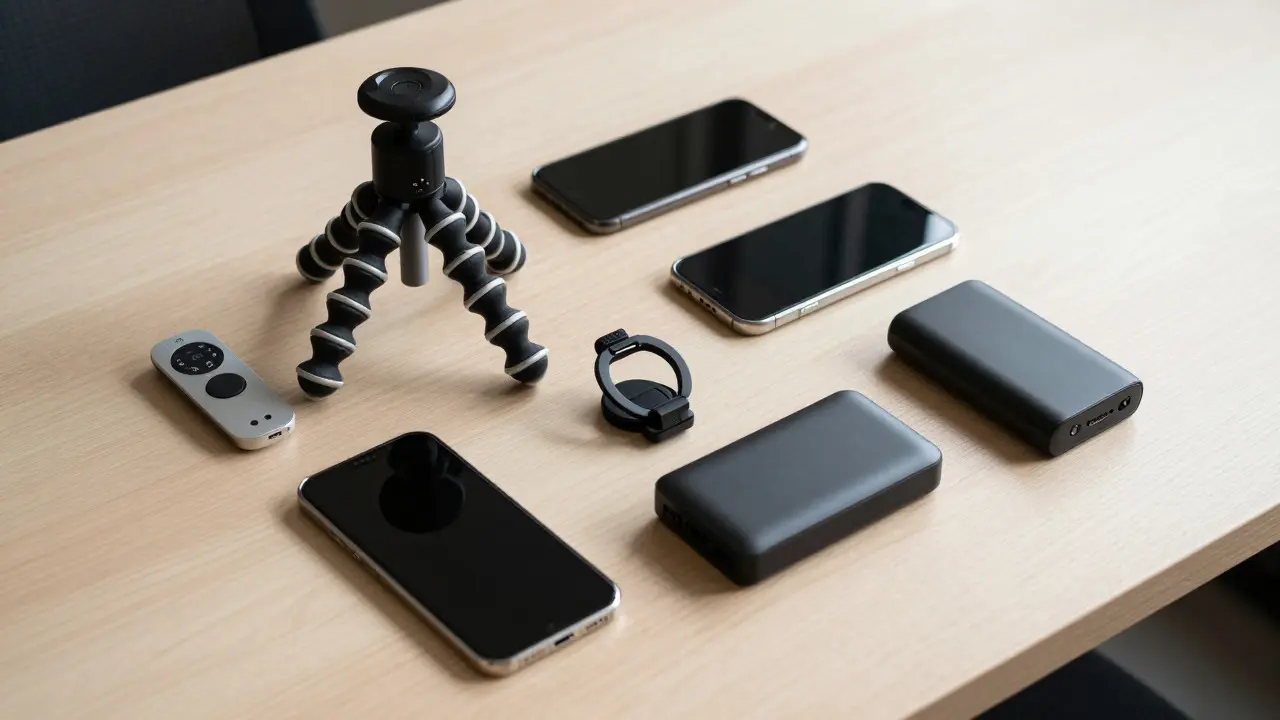 Assorted smartphone photography accessories arranged neatly on a wooden table