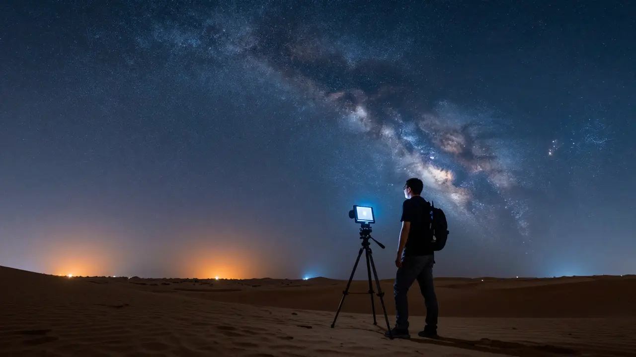 Astrophotographer reviewing star focus on a tablet under the Milky Way