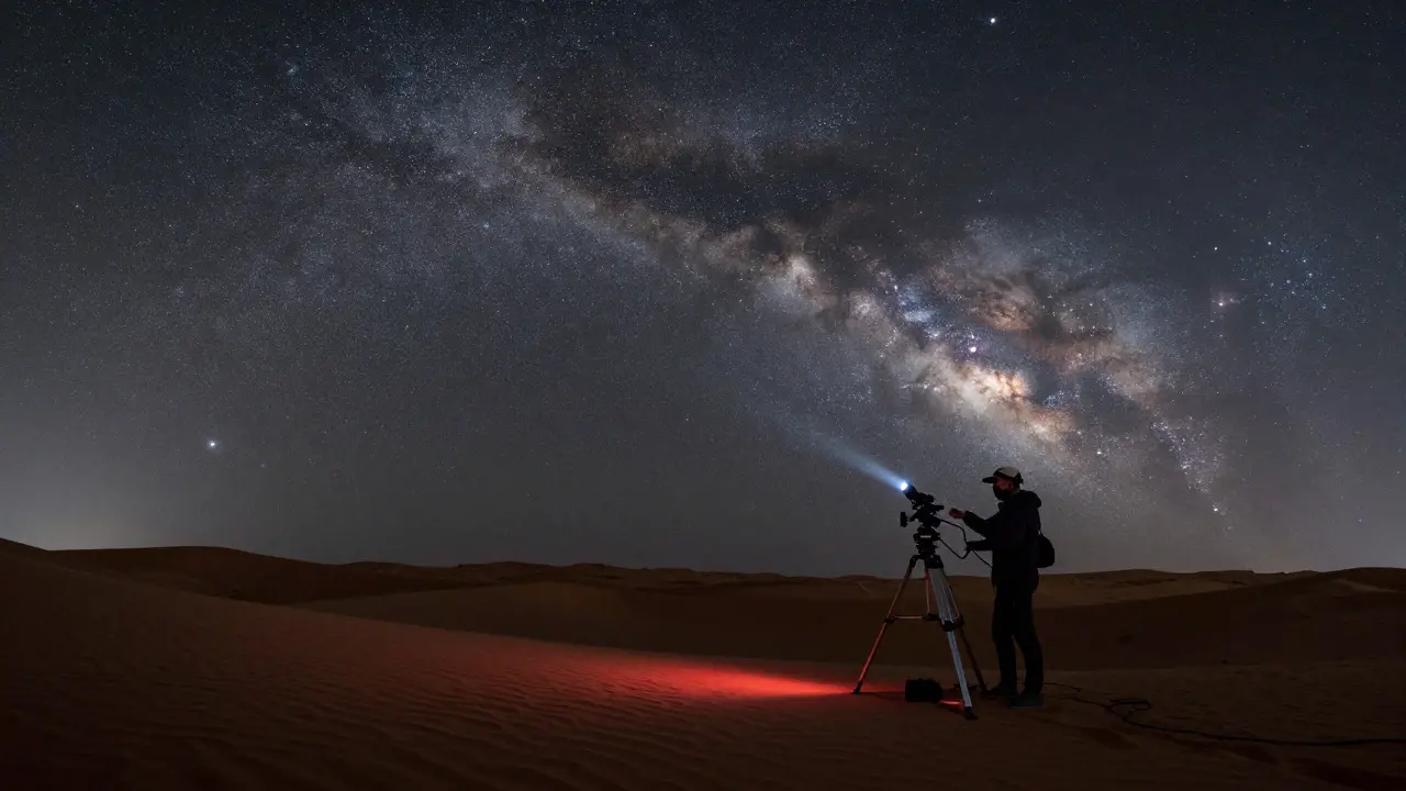 Astrophotographer setting up a telescope mount in a desert at night