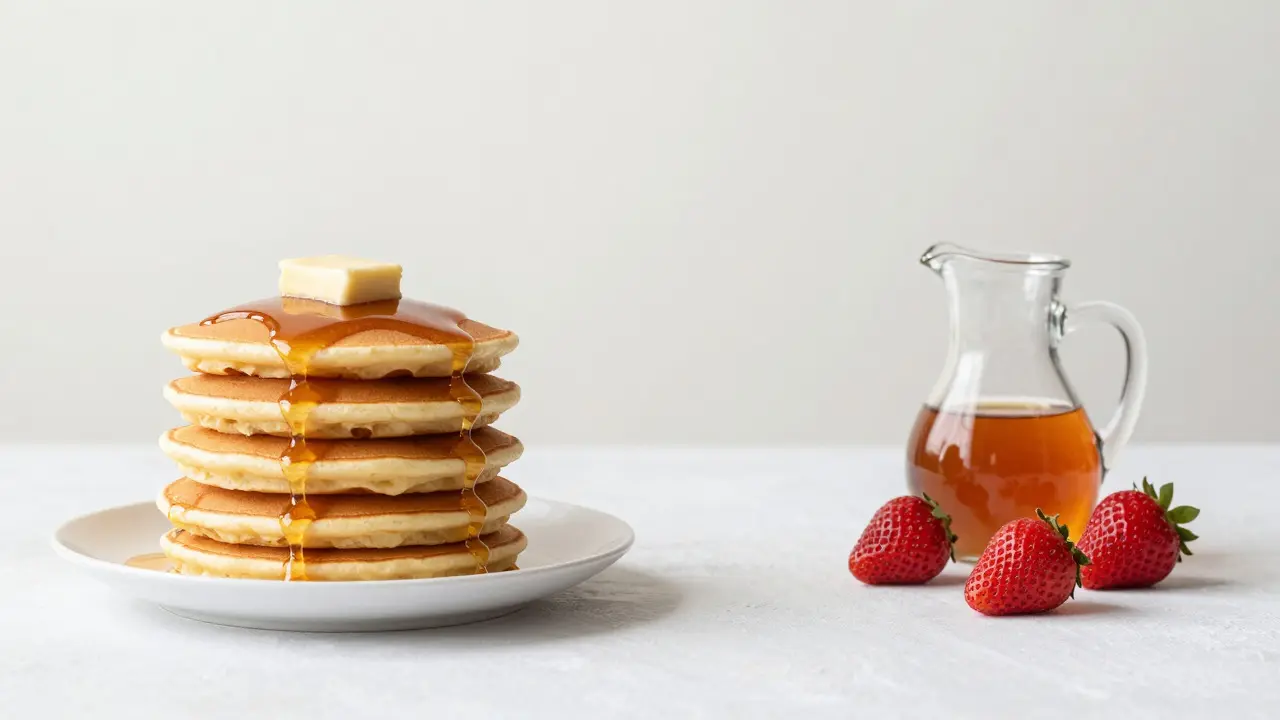 Asymmetrical composition with heavy pancake stack balanced by light syrup