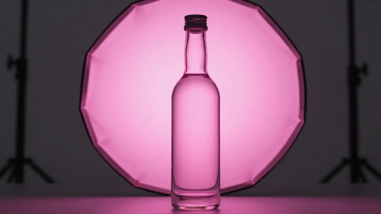 Backlit glass bottle glowing pink under magenta gel