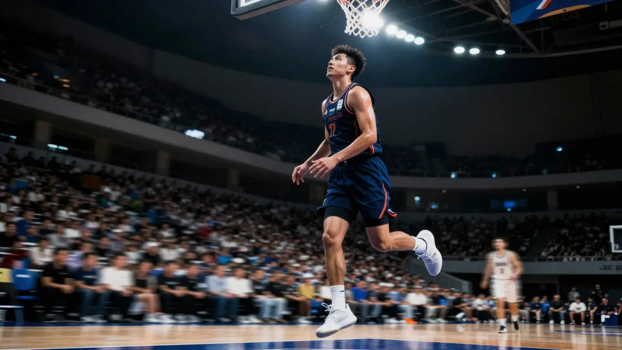 Basketball player frozen in mid-air with a motion-blurred crowd in the background