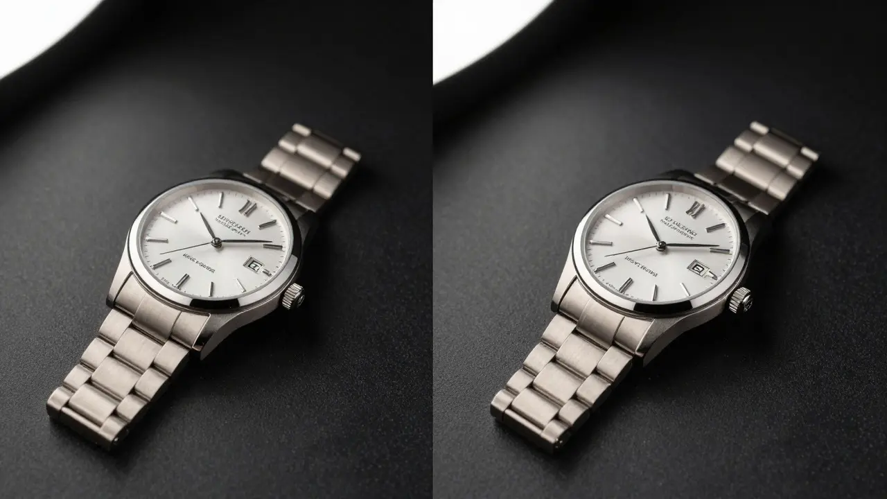 Before and after comparison of a luxury watch undergoing photo editing