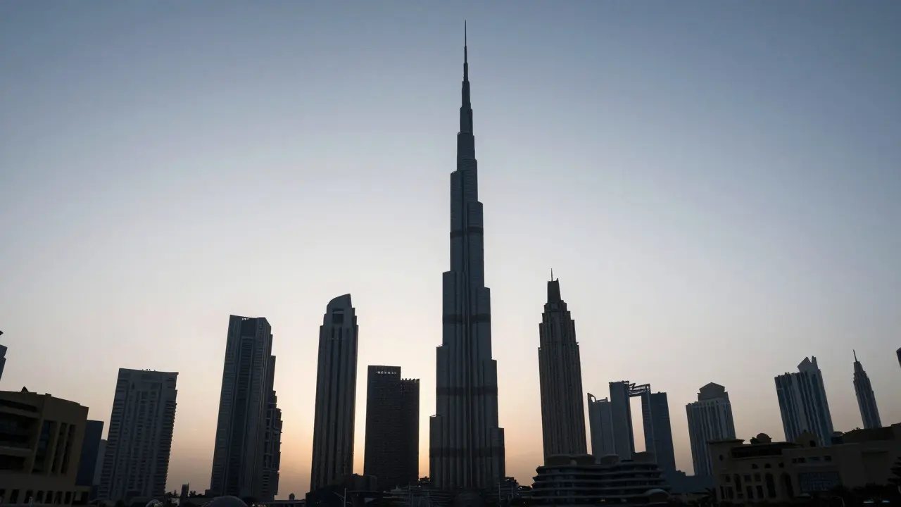 Black silhouettes of modern skyscrapers against a bright, diffused twilight sky.