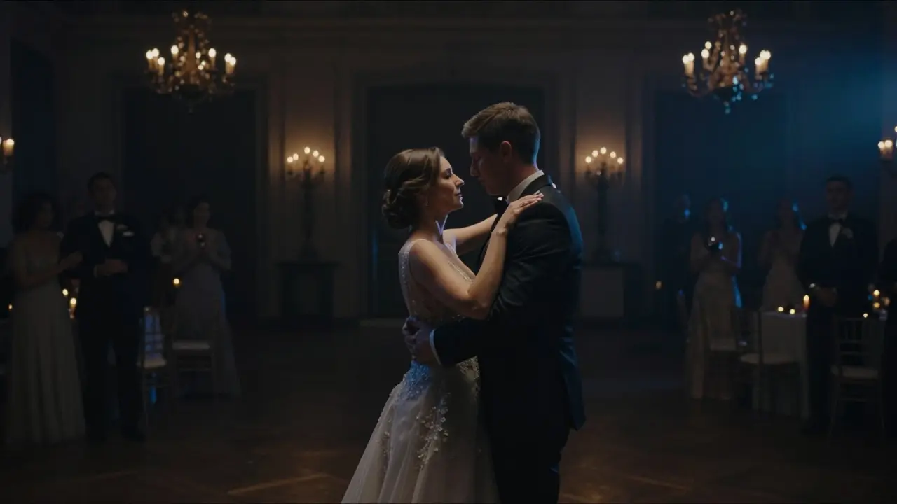 Bride and groom dancing under dramatic flash lighting in a dark, moody ballroom