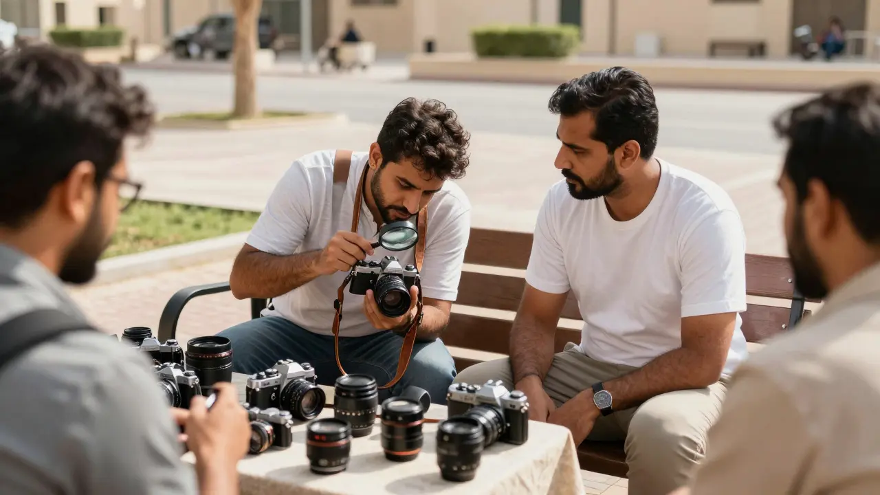 Buyer inspecting a vintage film camera with a magnifying glass during a park meeting