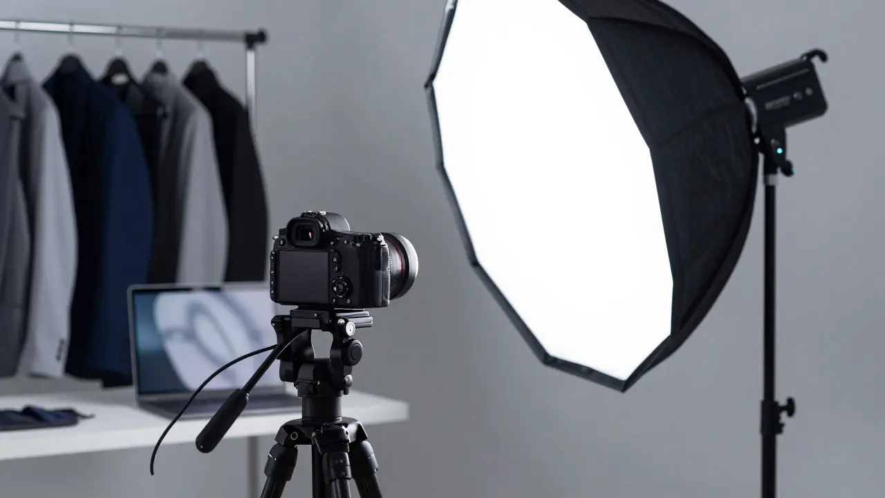 Camera and lighting equipment set up for a consistent commercial photo shoot