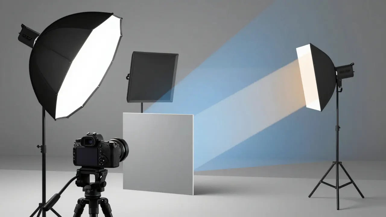 Camera and various light modifiers arranged for product photography